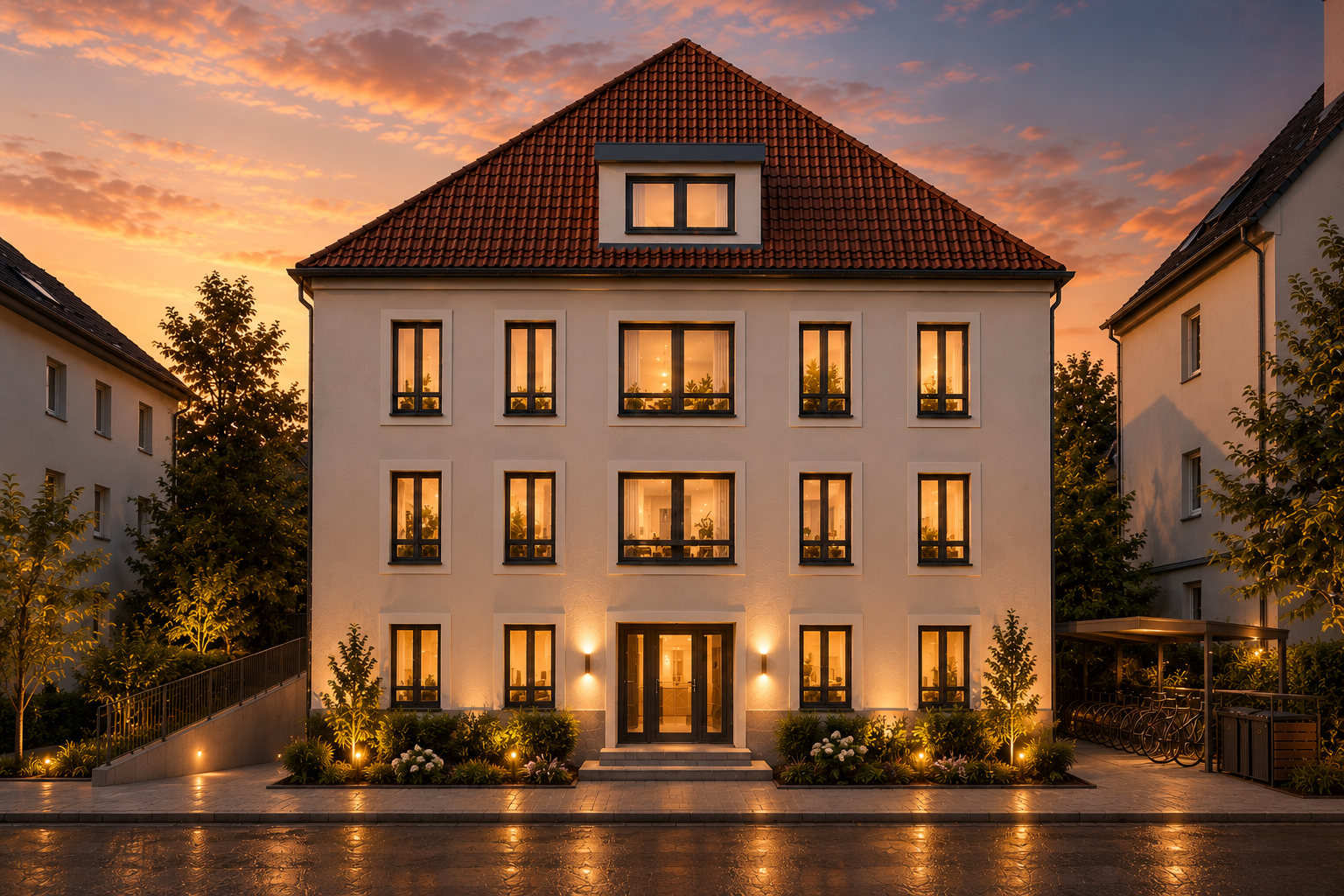 Kernsaniertes Wohngebäude in Straubing bei Abenddämmerung